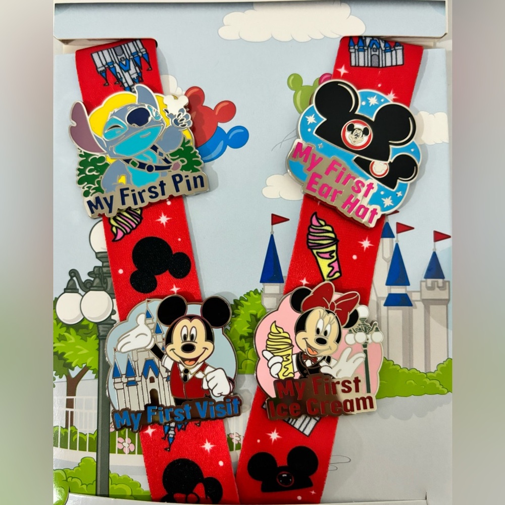 Stitch Mickey Minnie Mouse My First Disney Pin Starter Set Lanyard 4 Pins